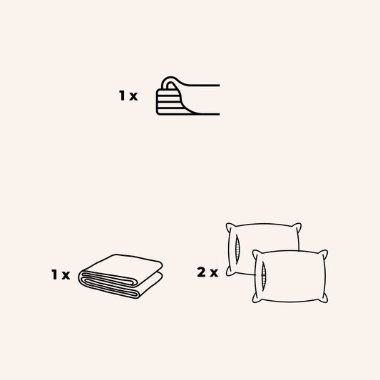 Set lenzuolo superiore con 1 federa e 2 cuscini in bambù illustrati come componenti biancheria da letto.