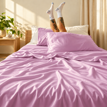 Lenzuolo rosa su letto con cuscini bianchi, gambe in calzini bianchi sollevate, luce naturale dalla finestra