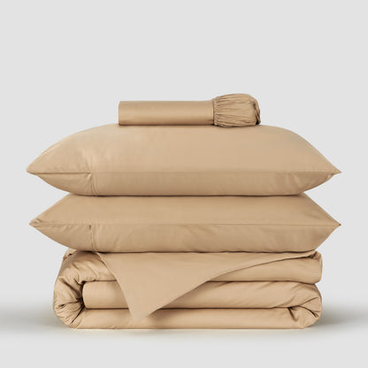 Jogo Capa de Edredão roupa de cama bege bambu by Momo Cotton – tecido de cetim 300 fios, suave, respirável e sustentável.