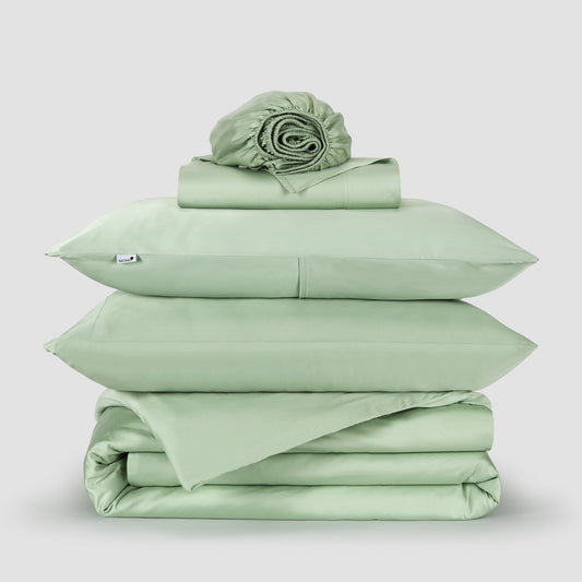 Jogo Capa de Edredão roupa de cama verde bambu by Momo Cotton – tecido de cetim 300 fios, suave, respirável e sustentável.