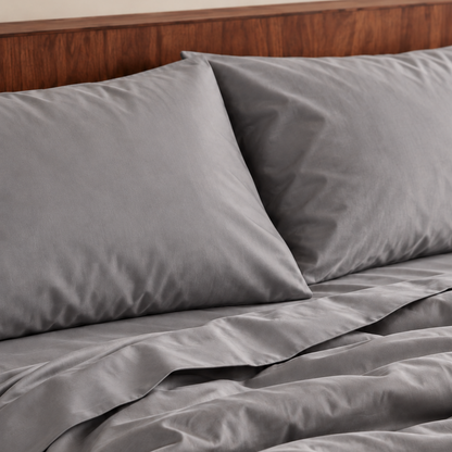 Lenzuolo grigio su letto in legno con cuscini, mostra tessuto bambù termoregolatore.