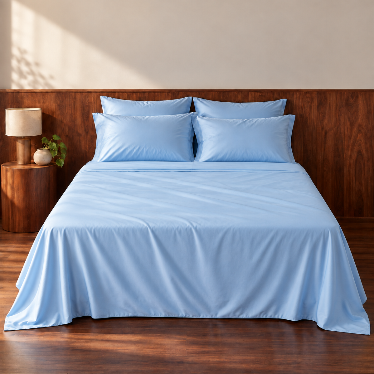 Lenzuolo azzurro chiaro su letto in legno con cuscini coordinati in camera moderna