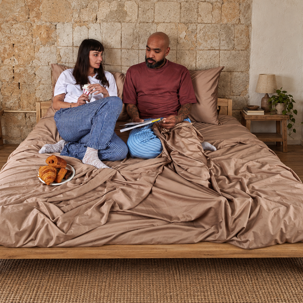 Coppia a letto con set lenzuola tonalità neutre, croissant e rivista, camera con parete in sughero.