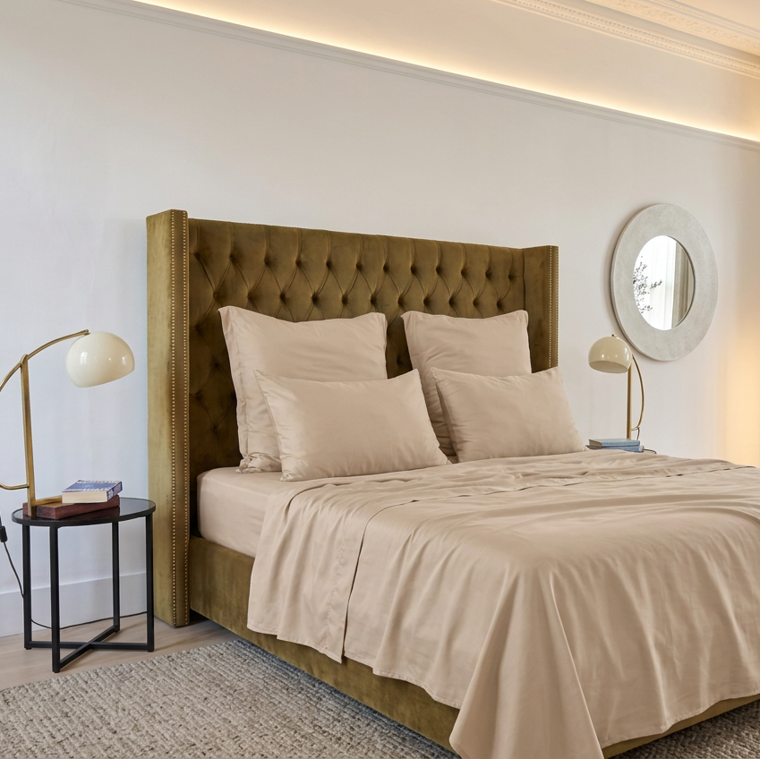 Set lenzuolo beige superiore su letto con testata imbottita, cuscini e specchio rotondo a parete