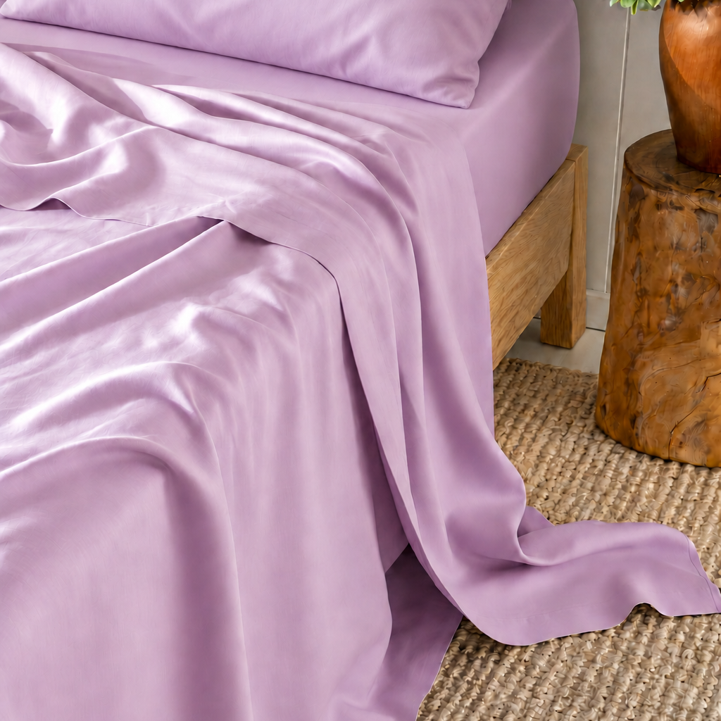 Lenzuolo superiore rosa in bambù satinato 300 fili su letto in legno con cuscino