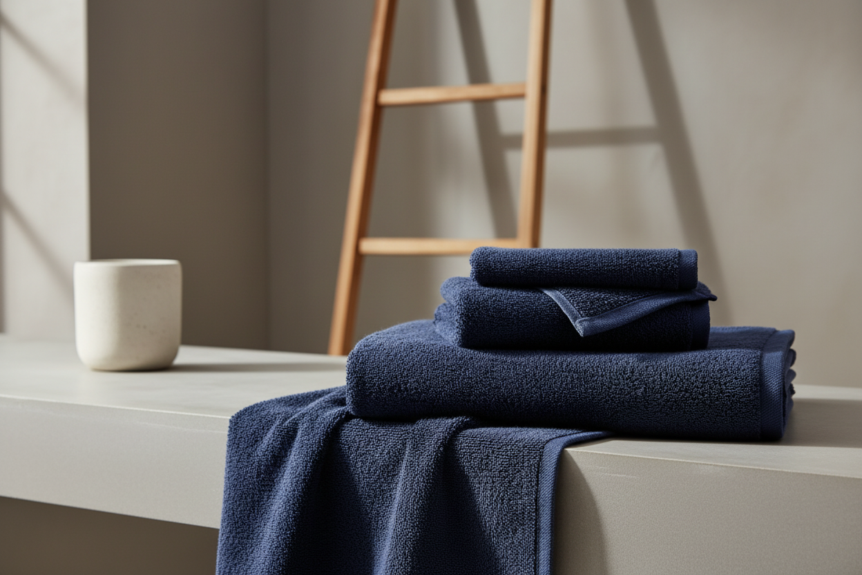 Winter sales banner with navy towels in aesthetic bathroom